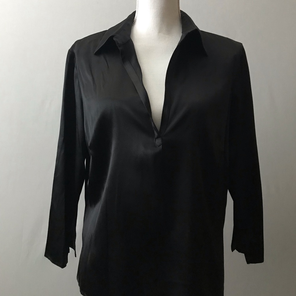 Shirt, Blouse, Silk, Black, 3/4 Sleeve, Collar.